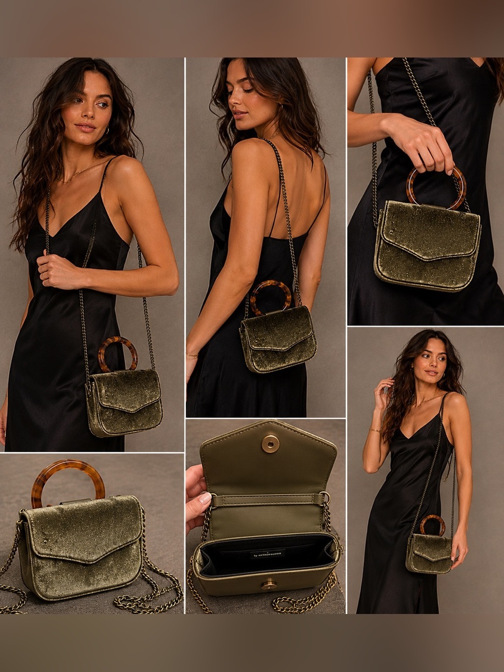 Anthropologie Black Satin Tortoise Handle Crossbody Bag